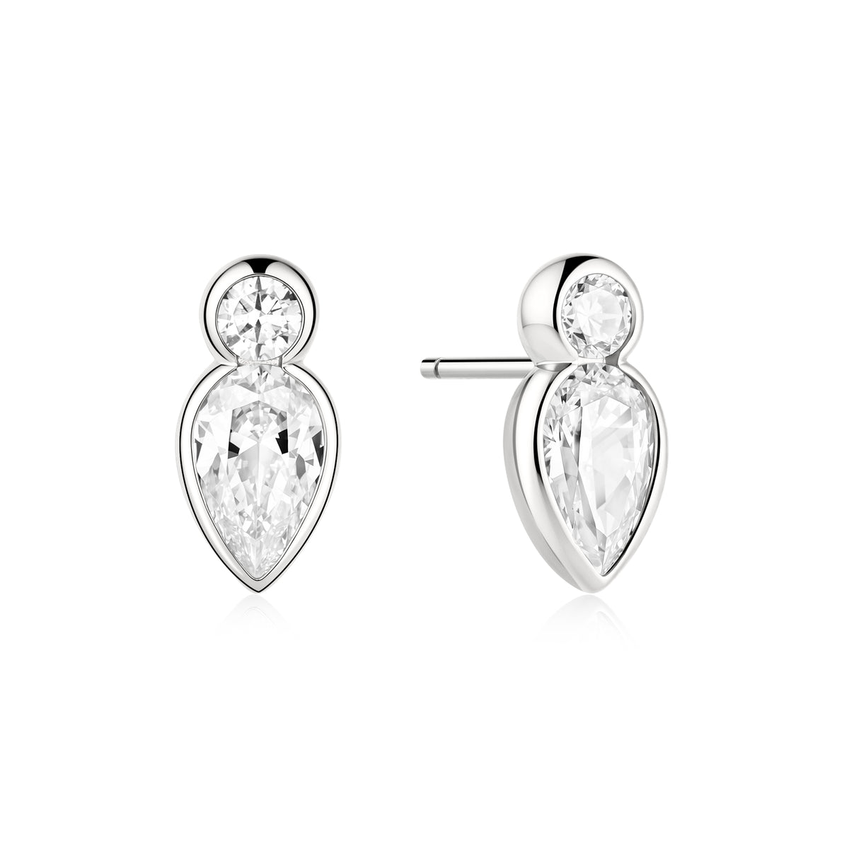 Silver Bezel Inverted Teardrop & Round Stud Earrings