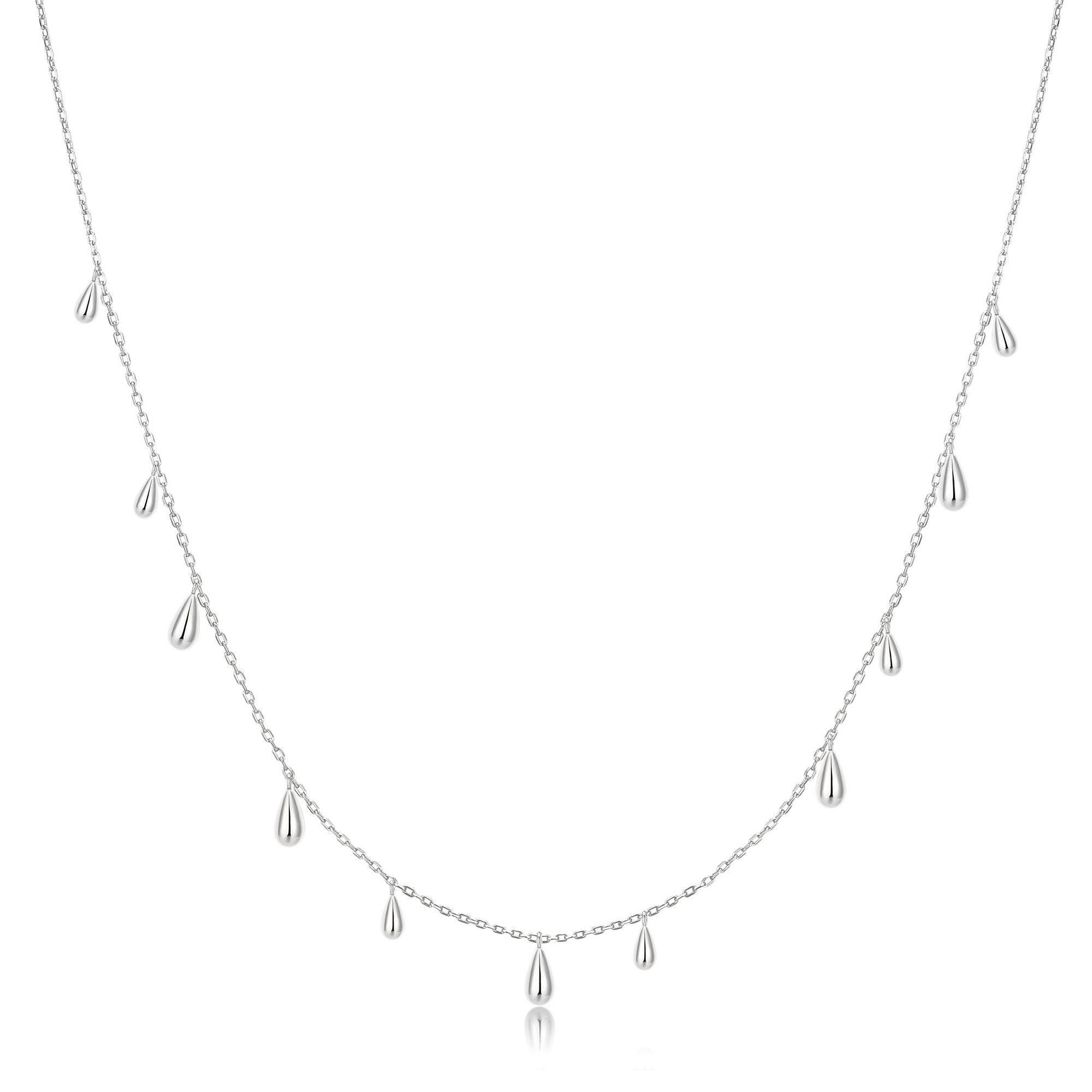 Silver Polished Teardrop Dangle Station Necklace