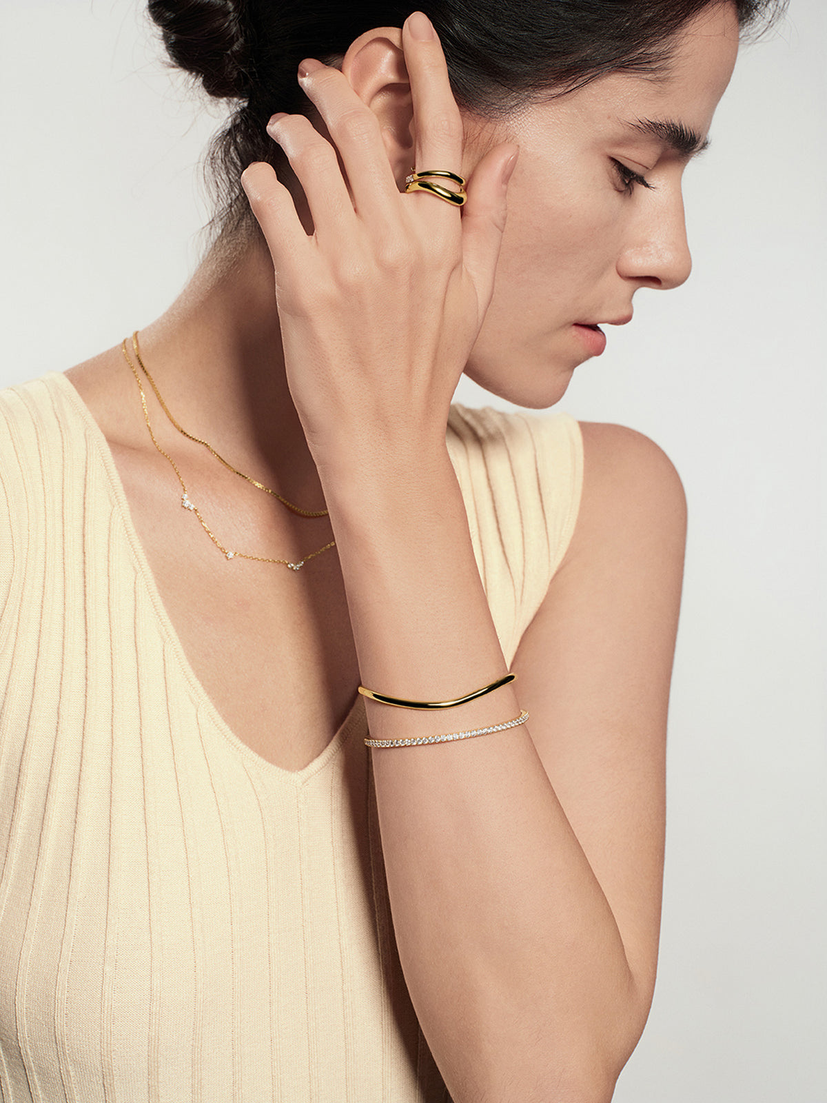 Gold Spiral Pavé Adjustable Ring – model view