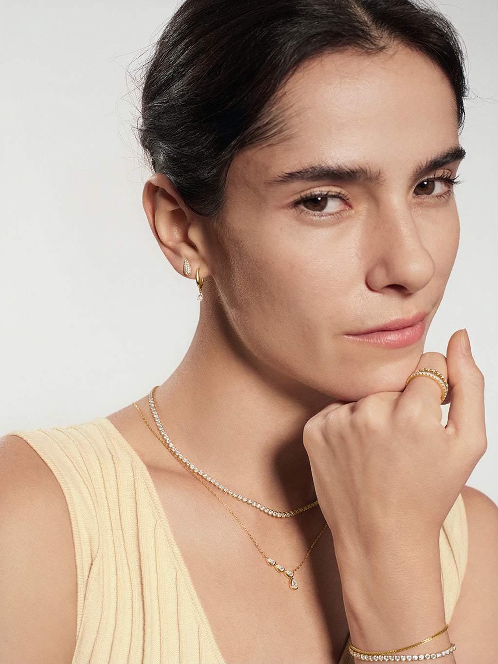 Gold Pavé Dome Stud Earrings – model view