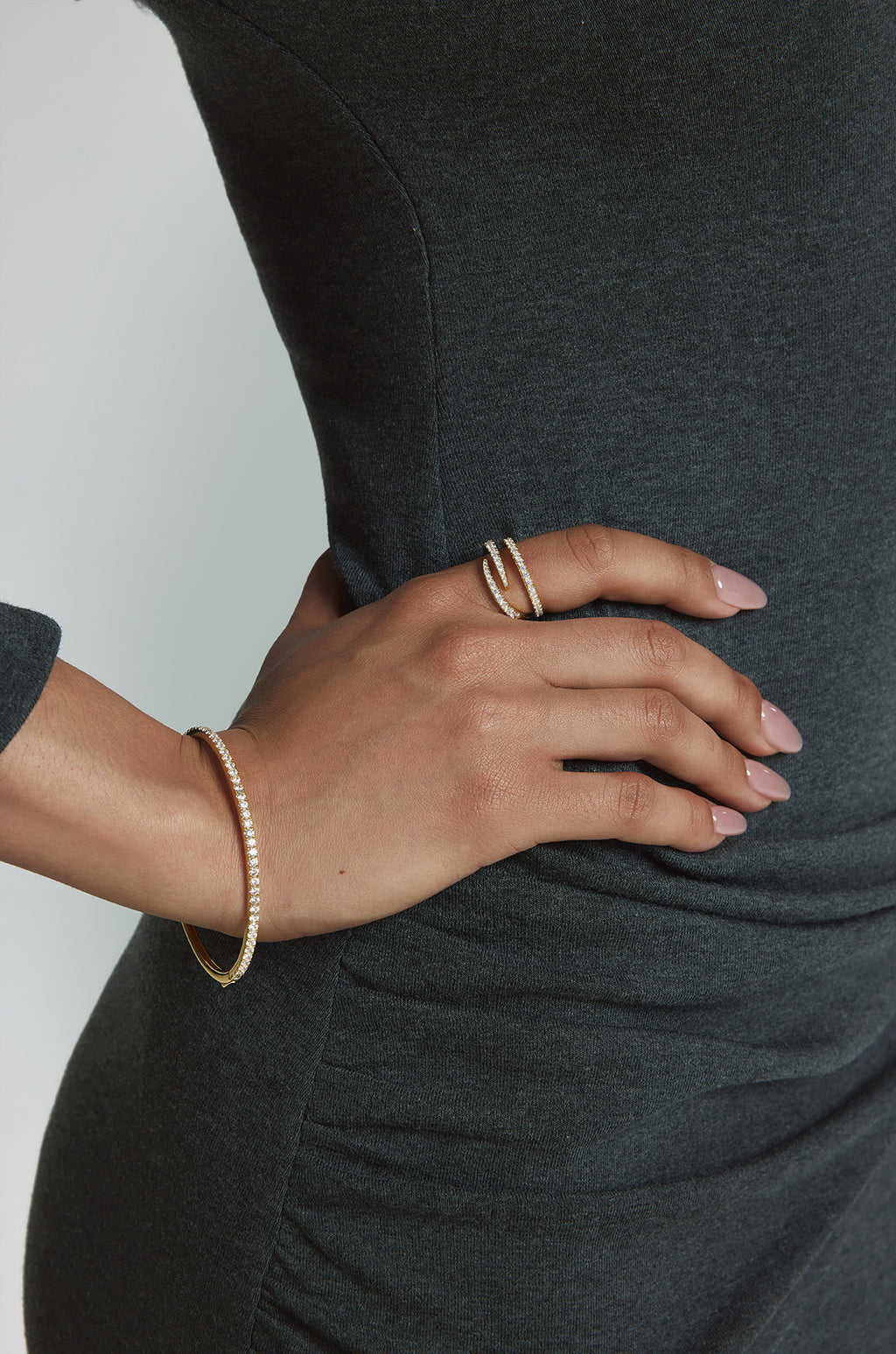 Gold Spiral Pavé Adjustable Ring – model view