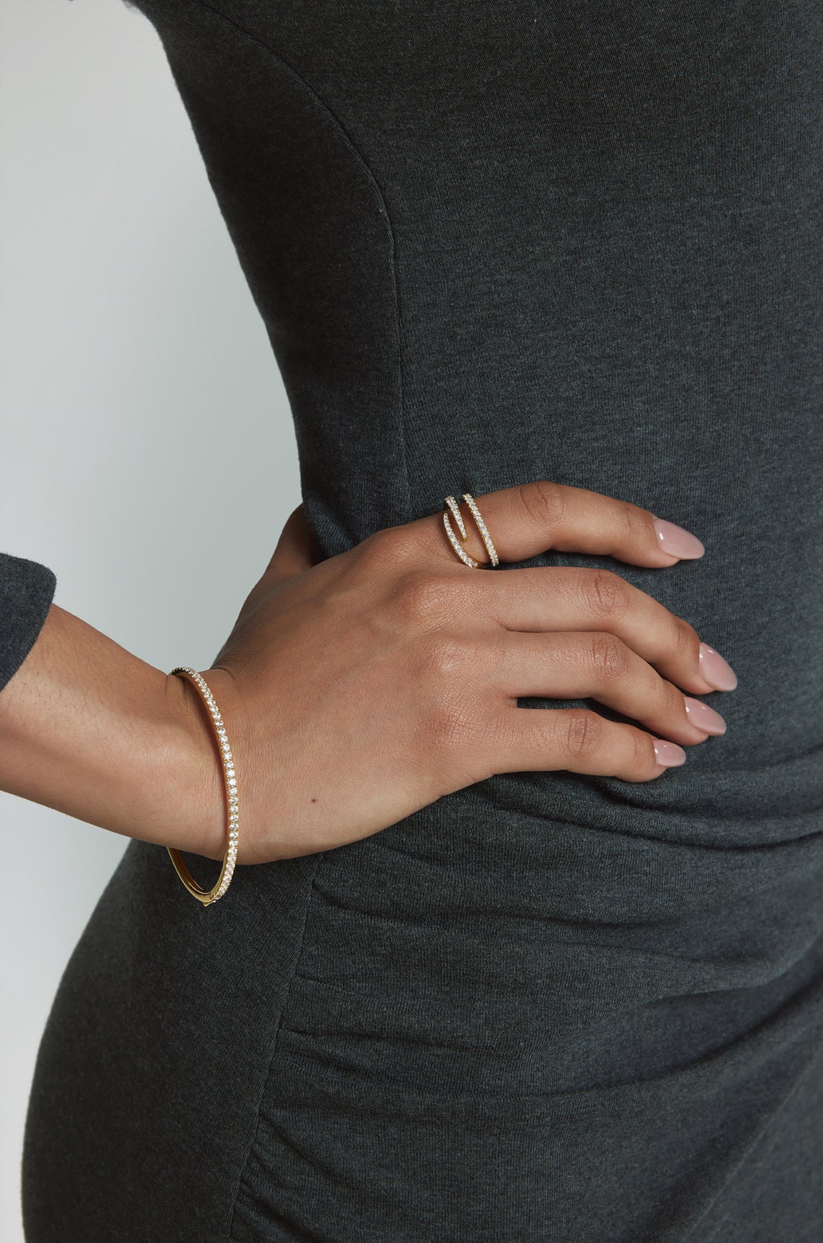 Gold Spiral Pavé Adjustable Ring – model view