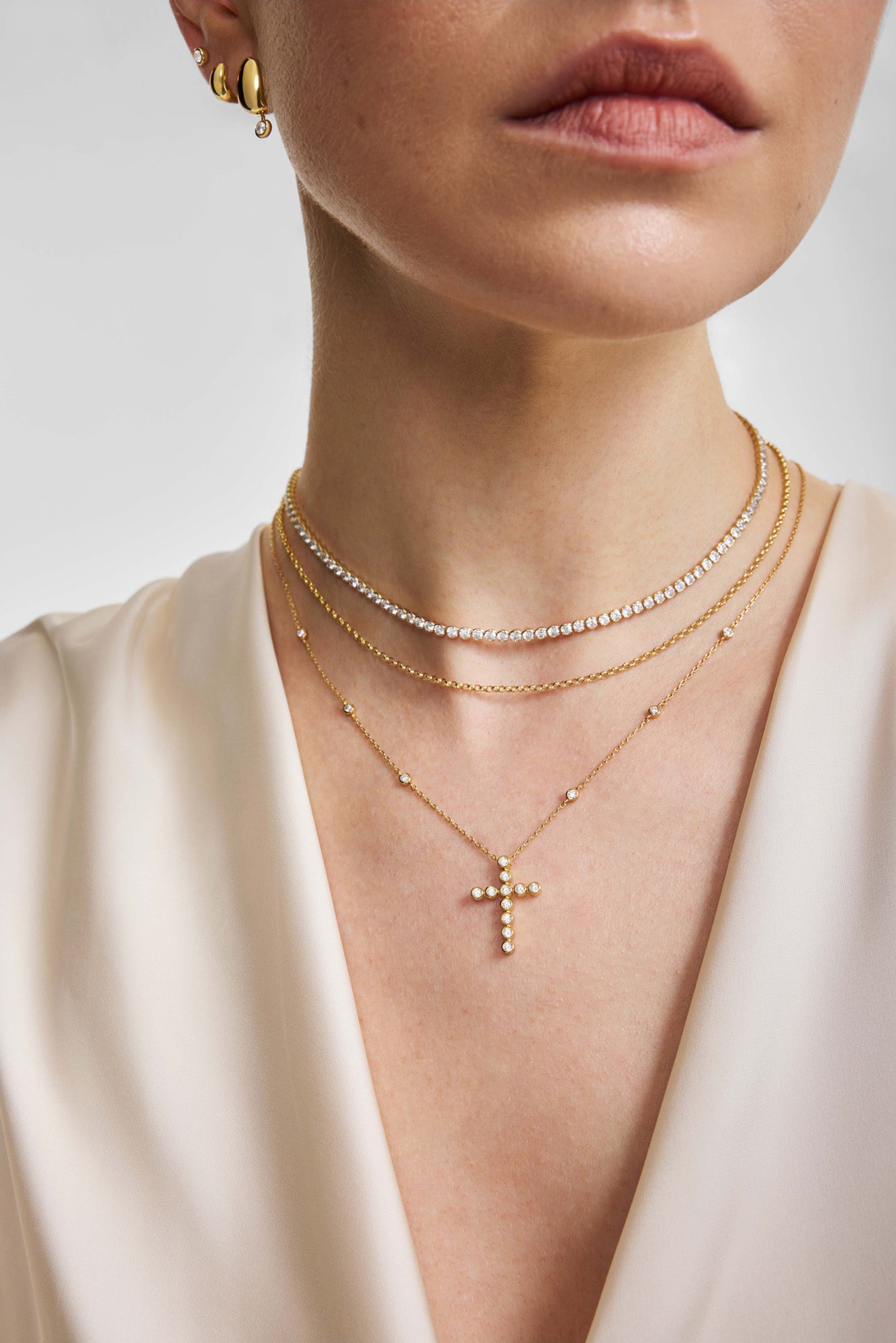 Gold Bezel-Set Station Necklace with Cross Pendant – model view