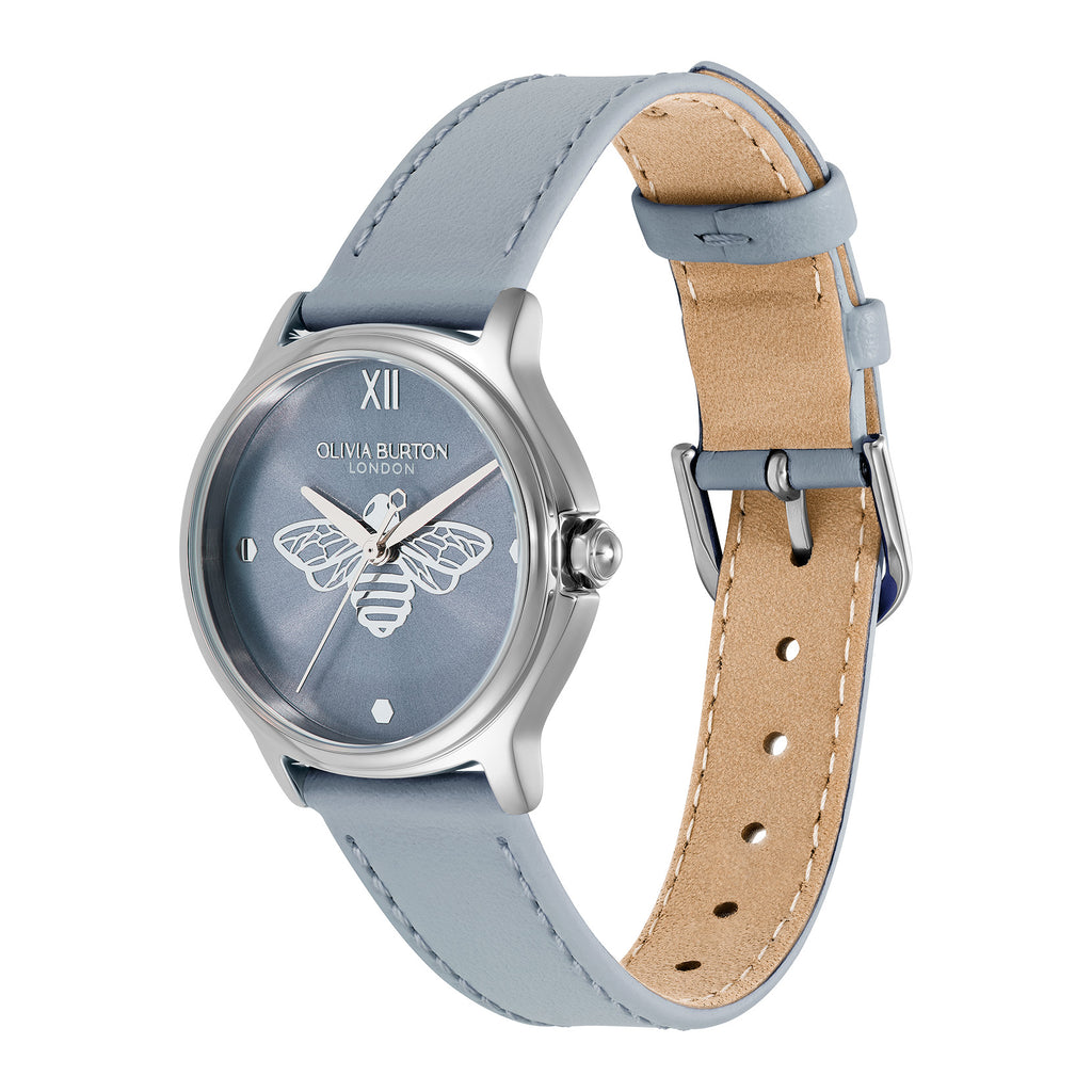 30mm Classic Bee Silver & Chalk Blue Leather Strap Watch