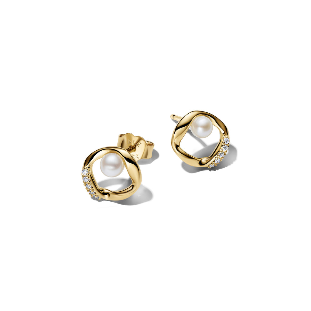 Organically Shaped Pavé Circle & Treated Freshwater Cultured Pearl Stud Earrings