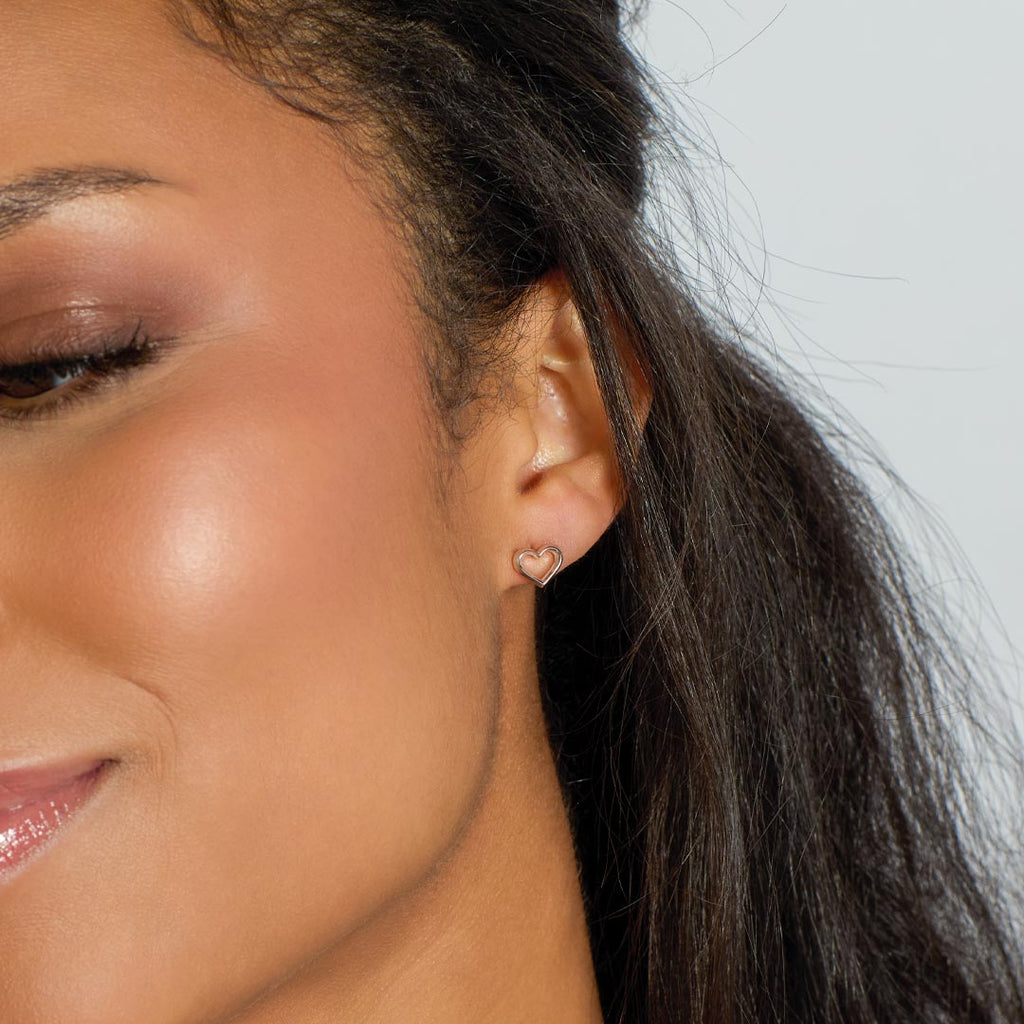 Love Silver Heart Fine Outline Stud Earrings