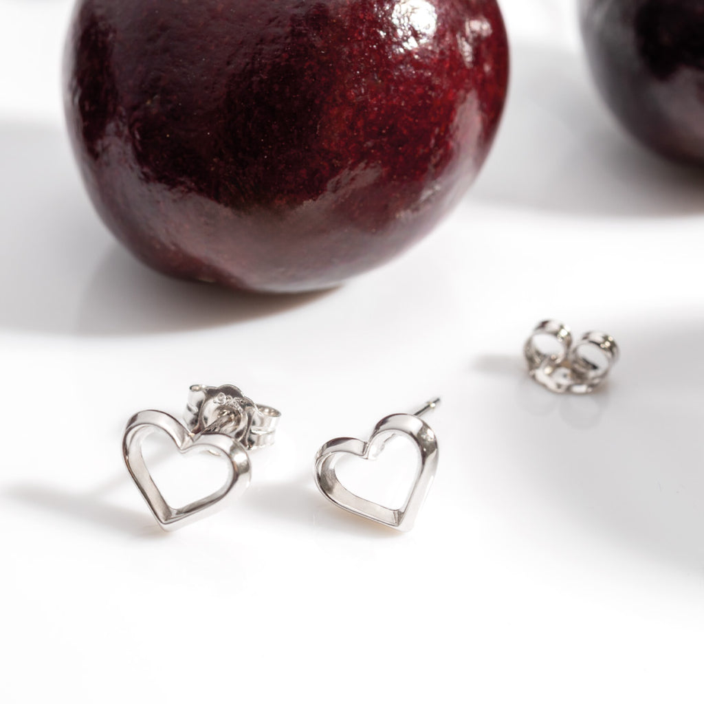 Love Silver Heart Fine Outline Stud Earrings