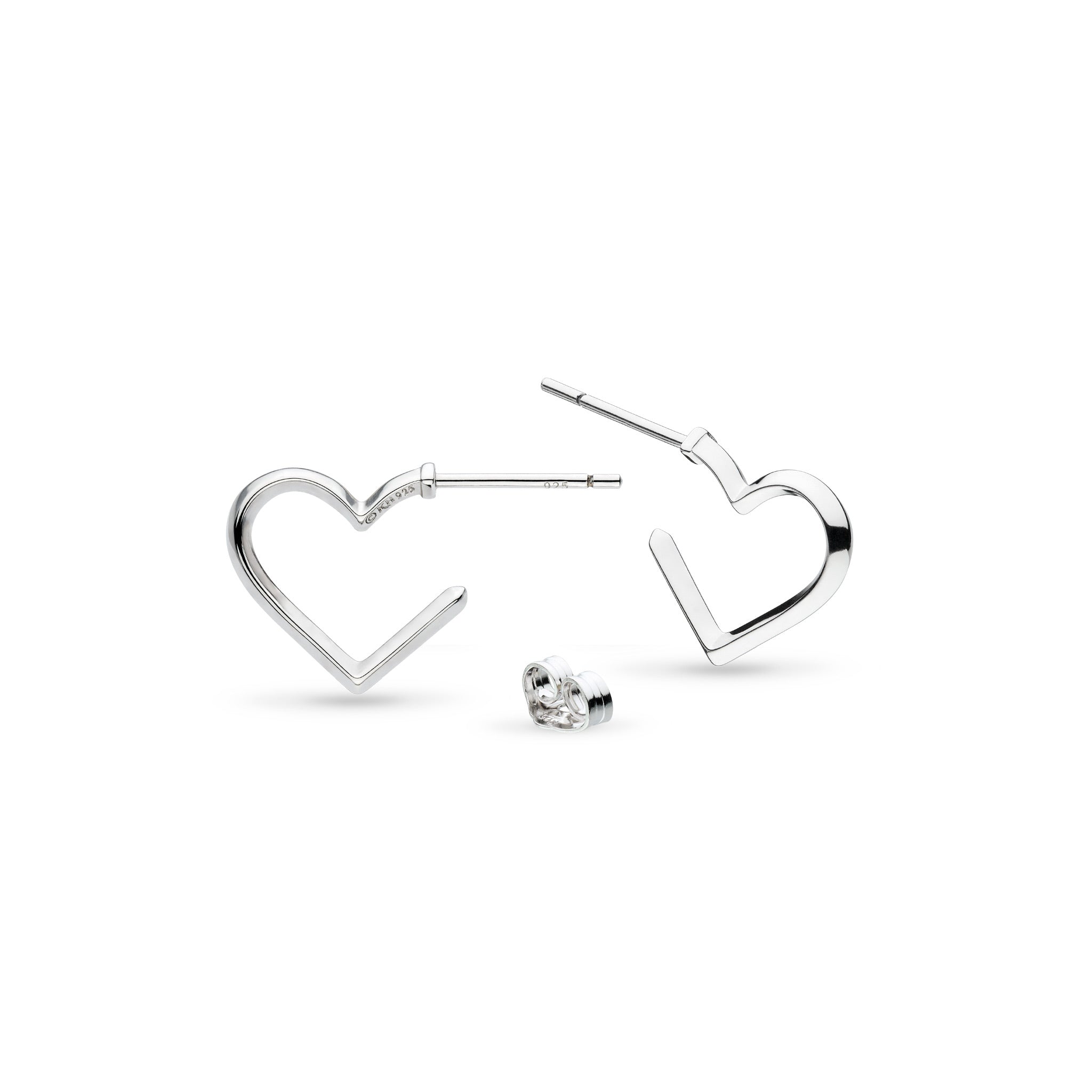 Love Silver Heart Fine Outline Semi Hoop Stud Earrings