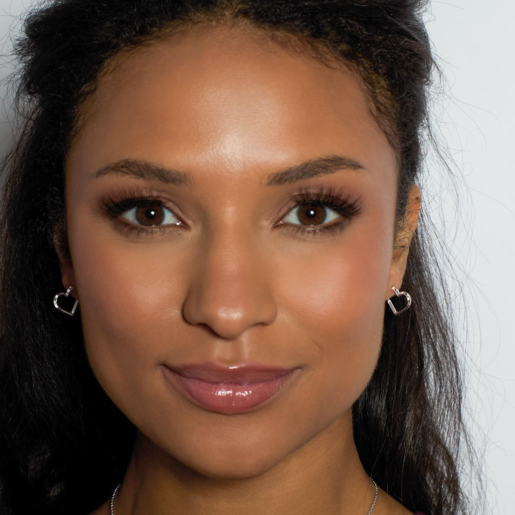 Love Silver Heart Fine Outline Semi Hoop Stud Earrings