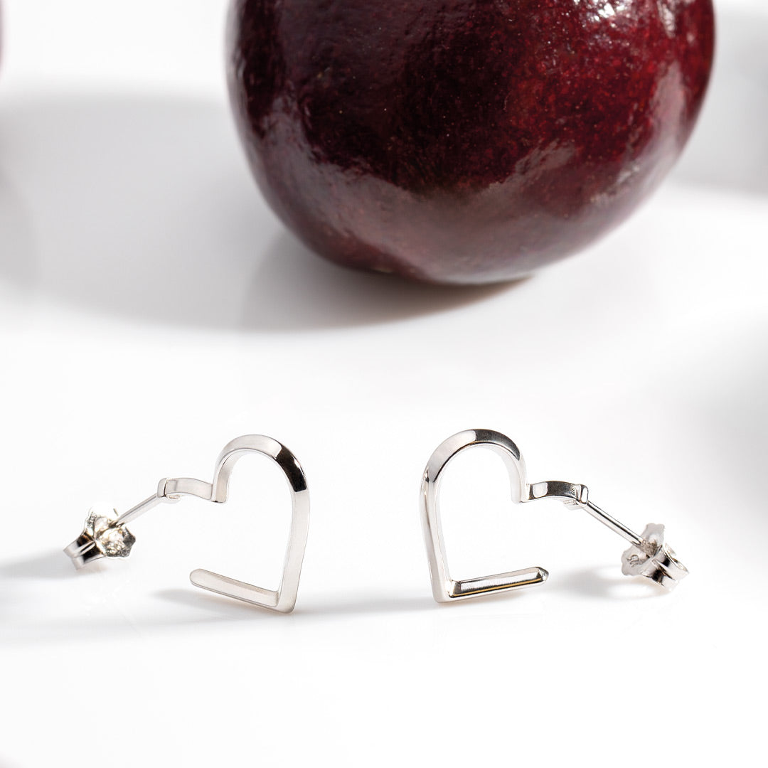 Love Silver Heart Fine Outline Semi Hoop Stud Earrings