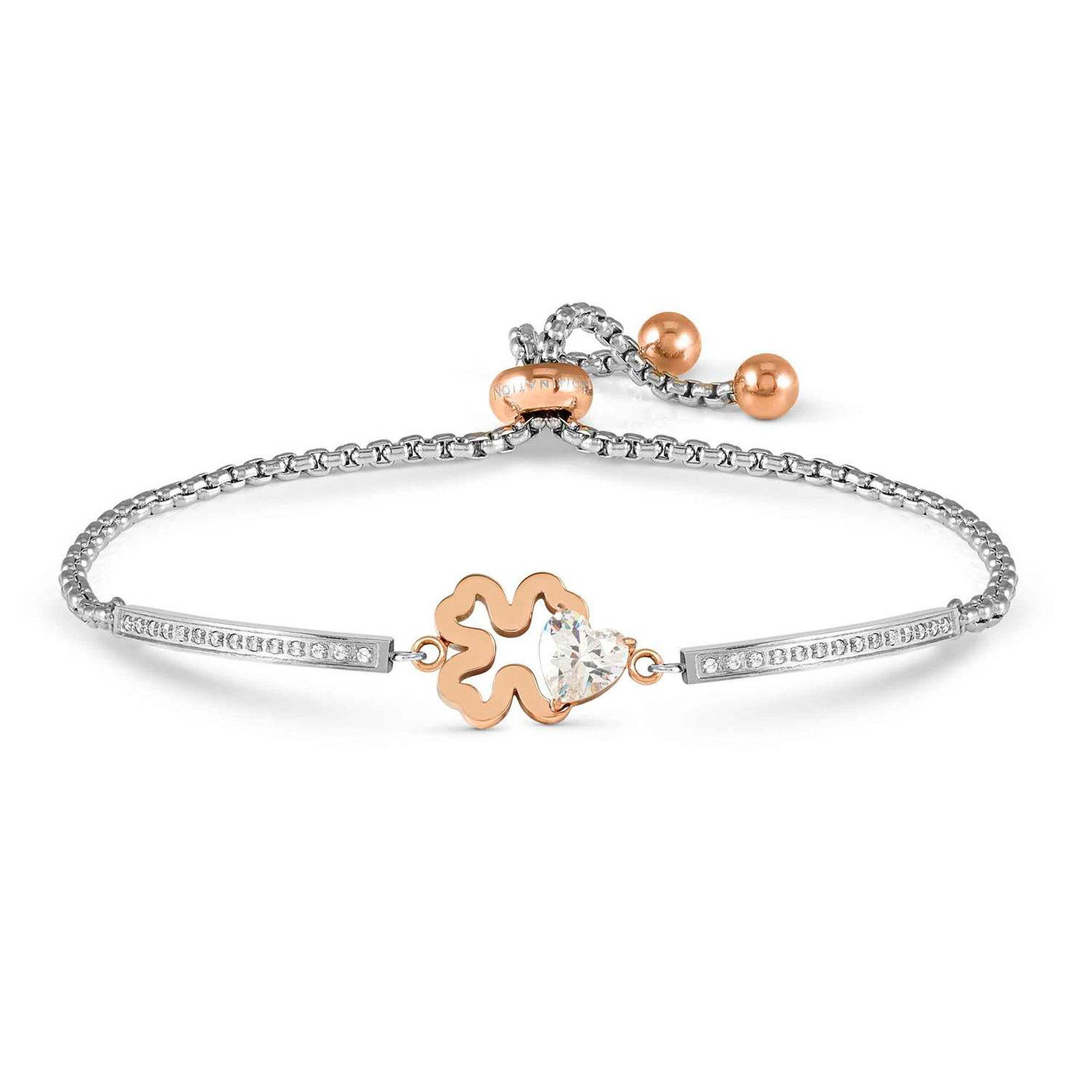 MILLELUCI ed. REFINED bracelet in steel and cubic zirconia (ROSE GOLD) four-leaf clover