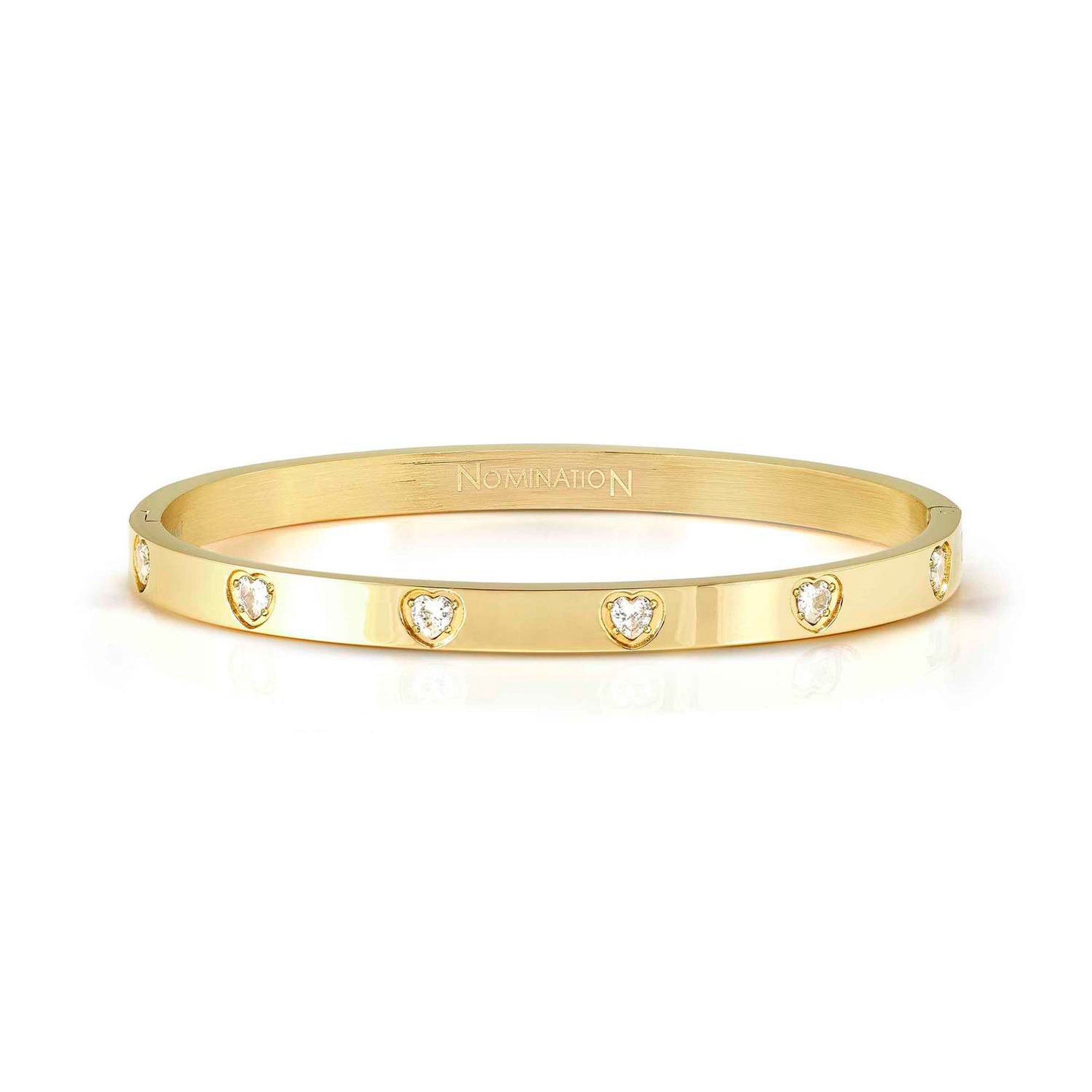 Pretty Bangles bracelet, Satinshine in steel and 6 heart-shaped CZ stones WHITE fin. Yellow gold