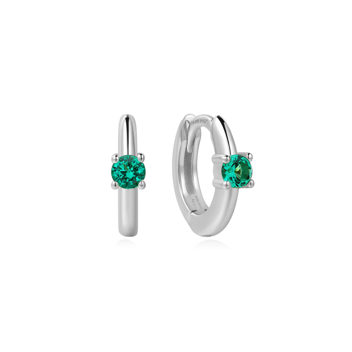 Silver Green Huggie Hoop Earrings