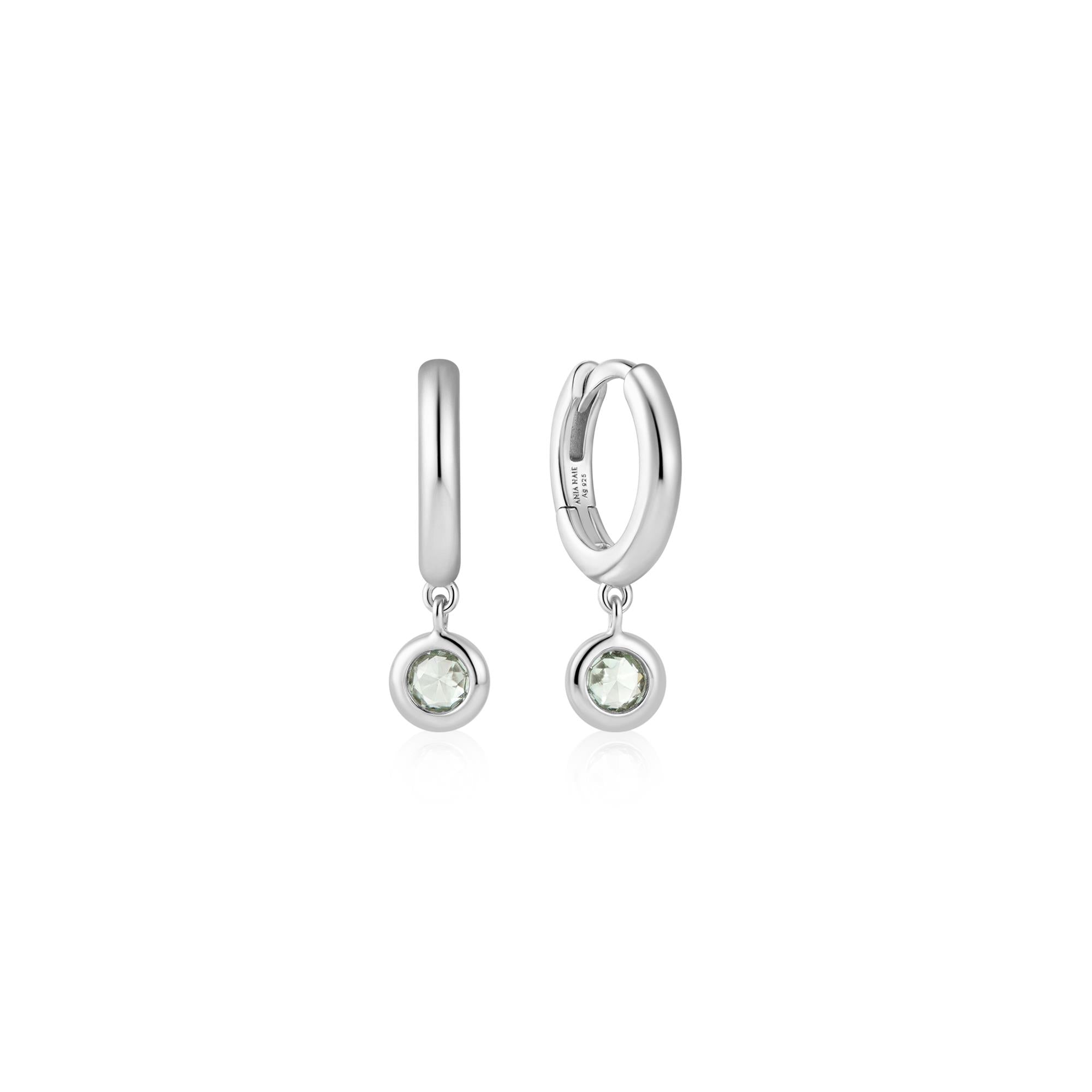 Silver Dangling Mint Green Huggie Hoop Earrings