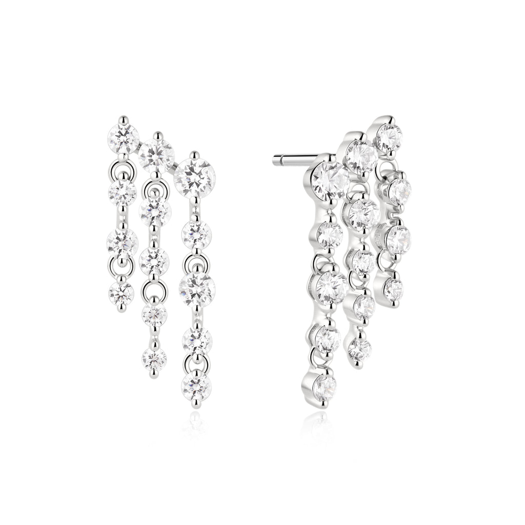Silver Triple Fringe Stud Earrings