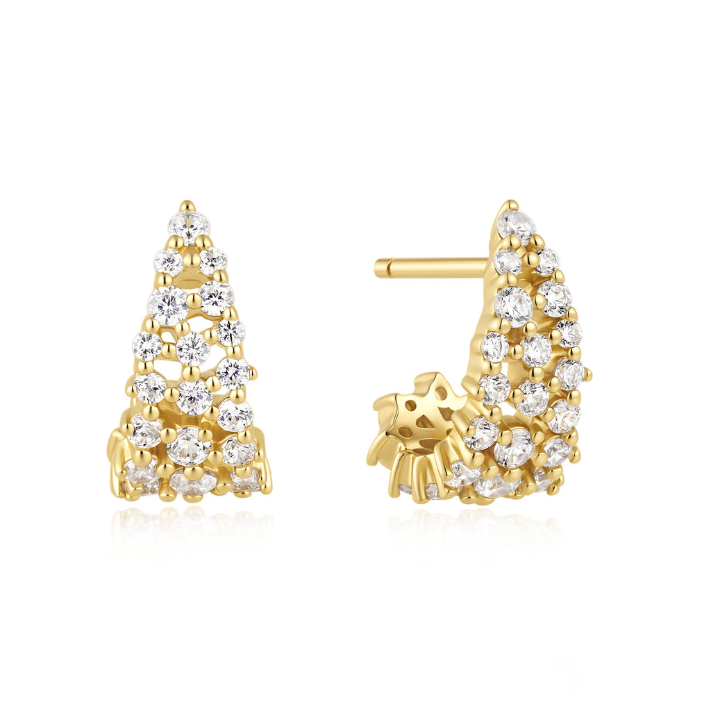 Gold Pavé Openwork Curved Stud Hoop Earrings
