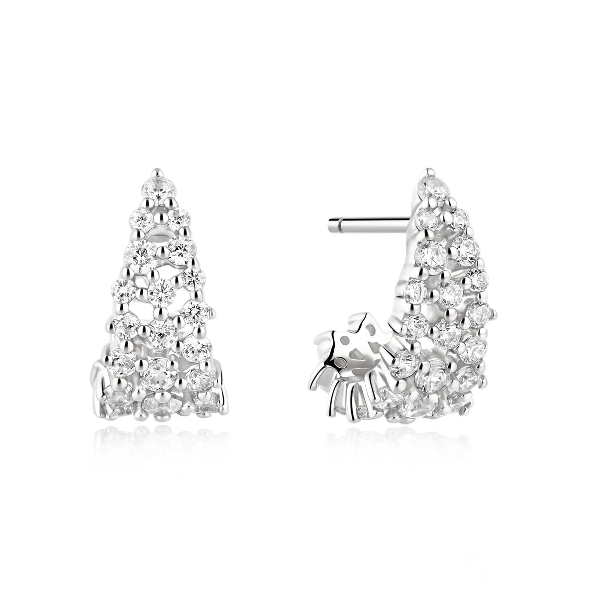 Silver Pavé Openwork Curved Stud Hoop Earrings