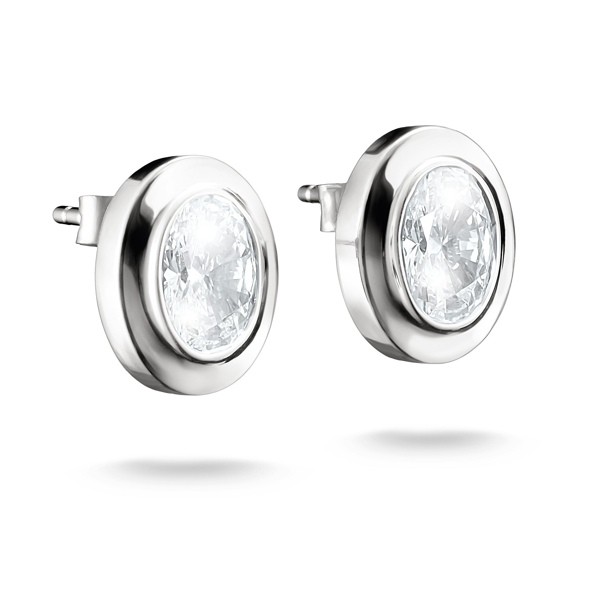 Silver Oval Stud Earrings with Zirconia Stones