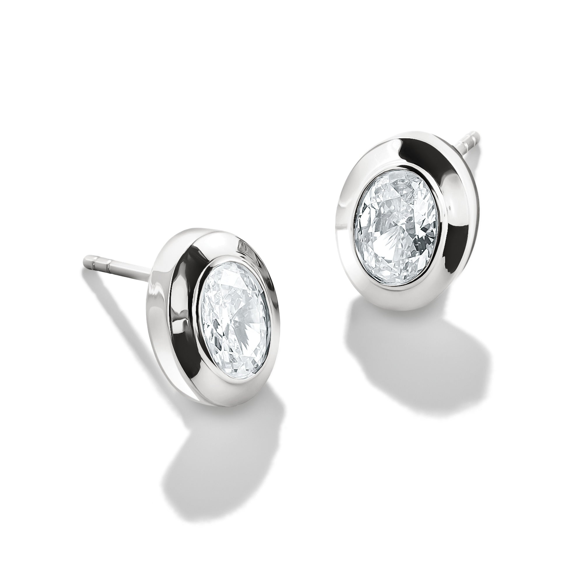 Silver Oval Stud Earrings with Zirconia Stones