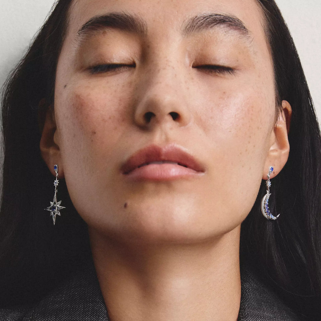 THOMAS SABO Midnight Sky Silver Blue Moon and Star Drop Earrings - worn view