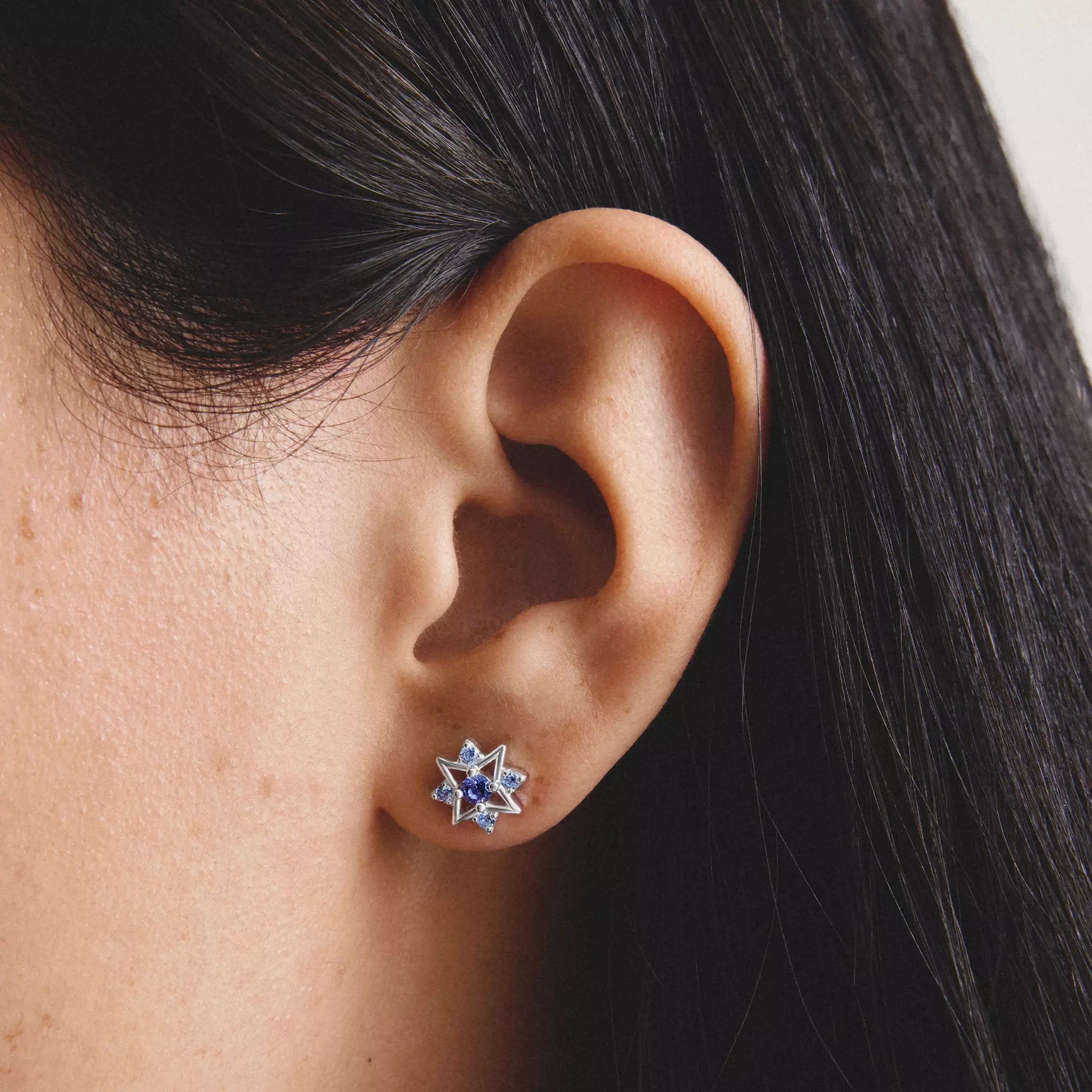 THOMAS SABO Midnight Sky Silver Blue Star Stud Earrings - worn view