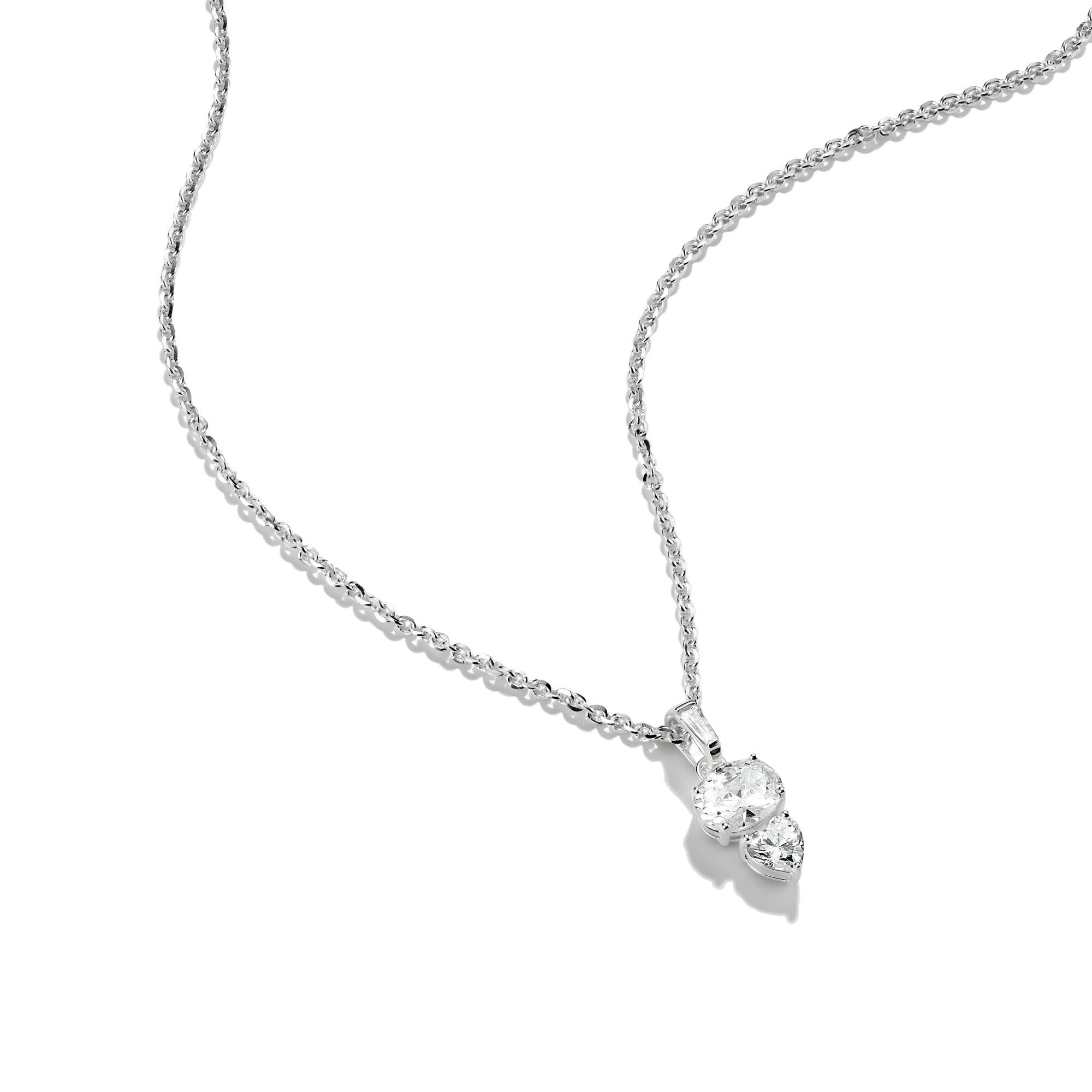 Silver Necklace with Oval and Heart Zirconia Stones