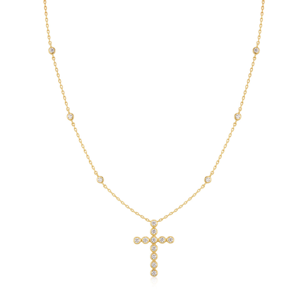 Gold Bezel-Set Station Necklace with Cross Pendant