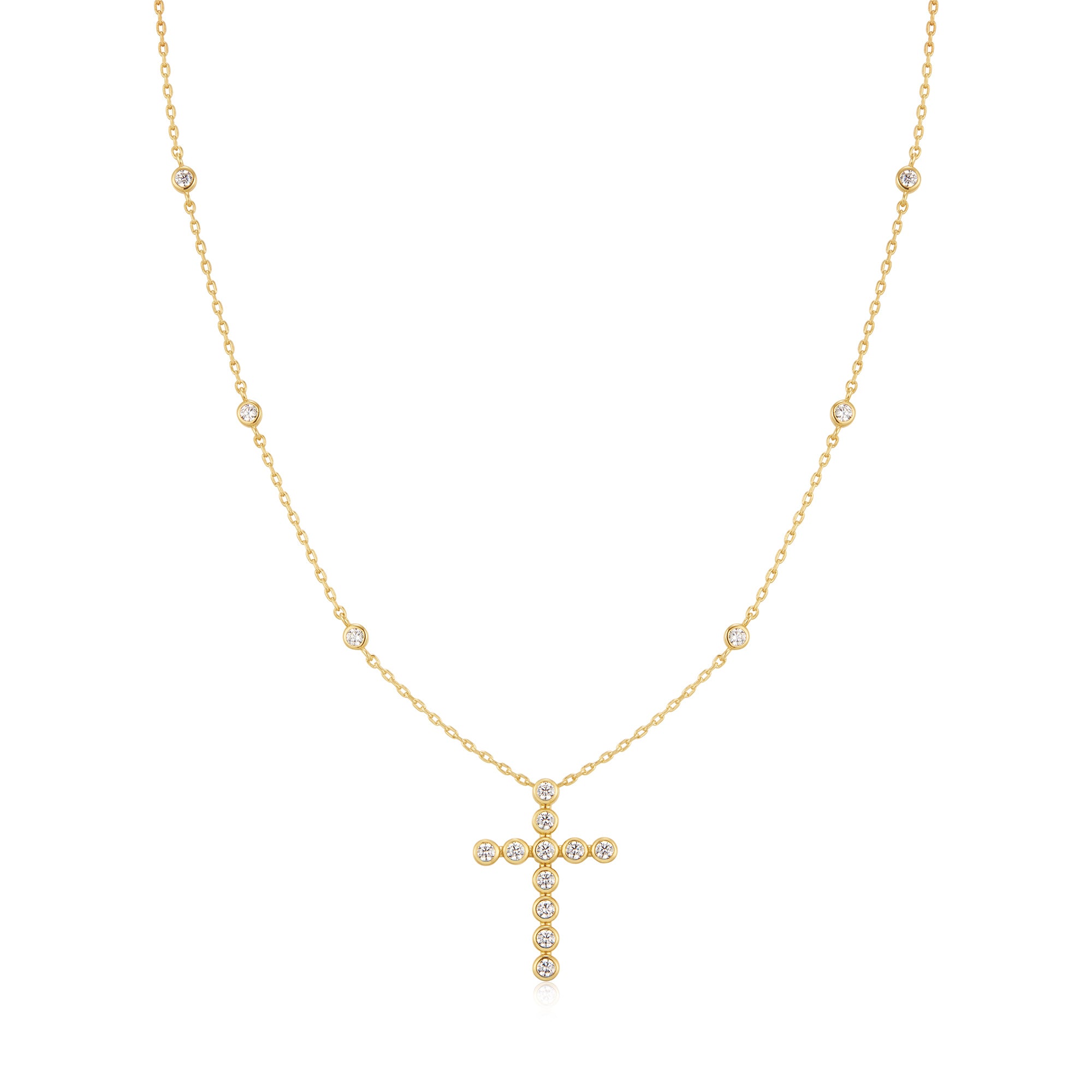 Gold Bezel-Set Station Necklace with Cross Pendant