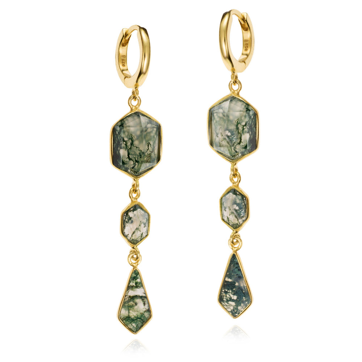 Earrings Geo Silver Moss Agate 61mm Gold 18k