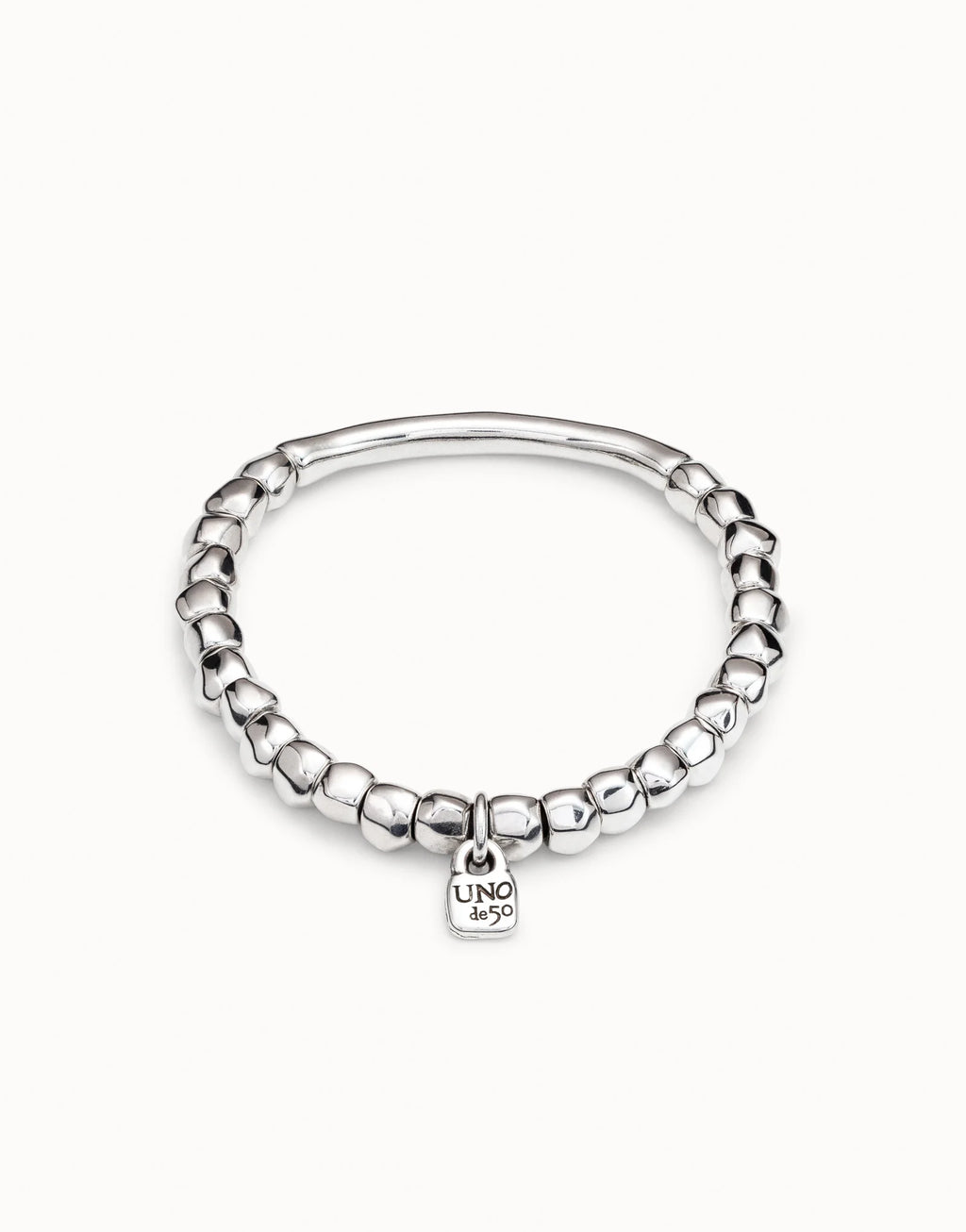 Silver Beaded Stretch Bracelet with Tubular Piece - Size M