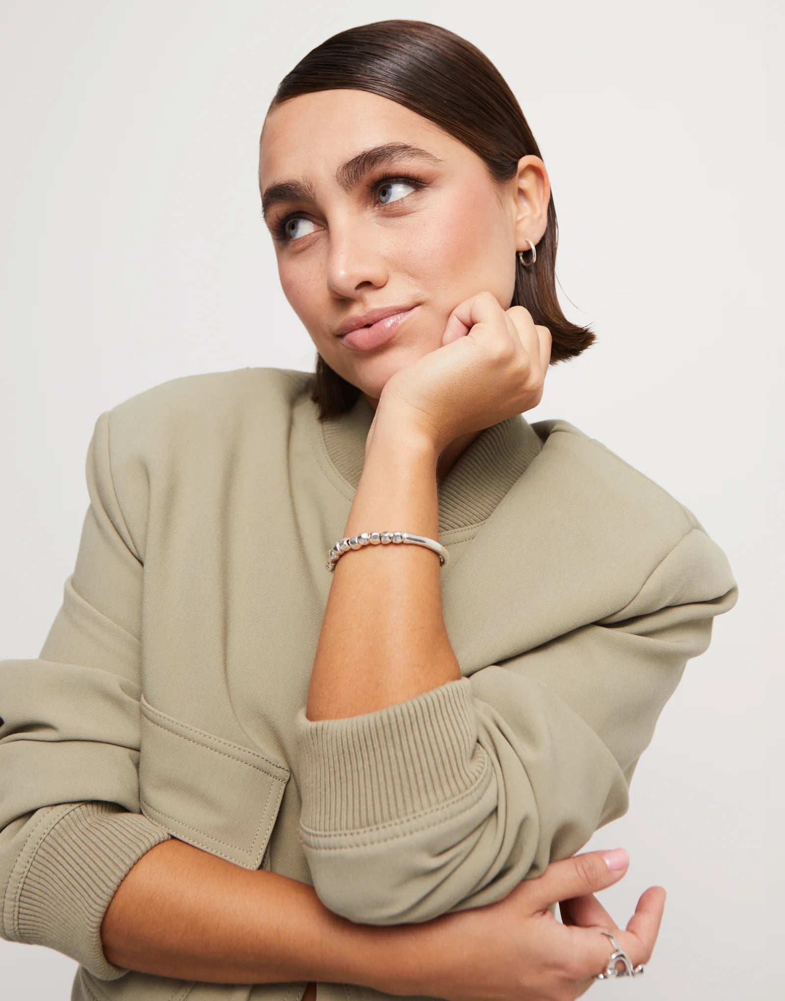 Silver Beaded Stretch Bracelet with Tubular Piece - Size L