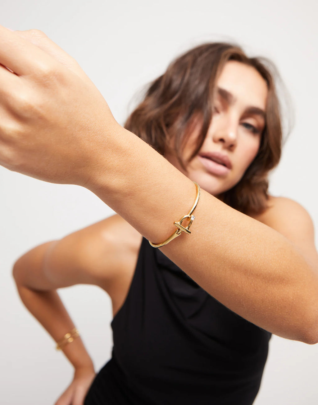 Gold Bangle Bracelet with White Topaz - Size L