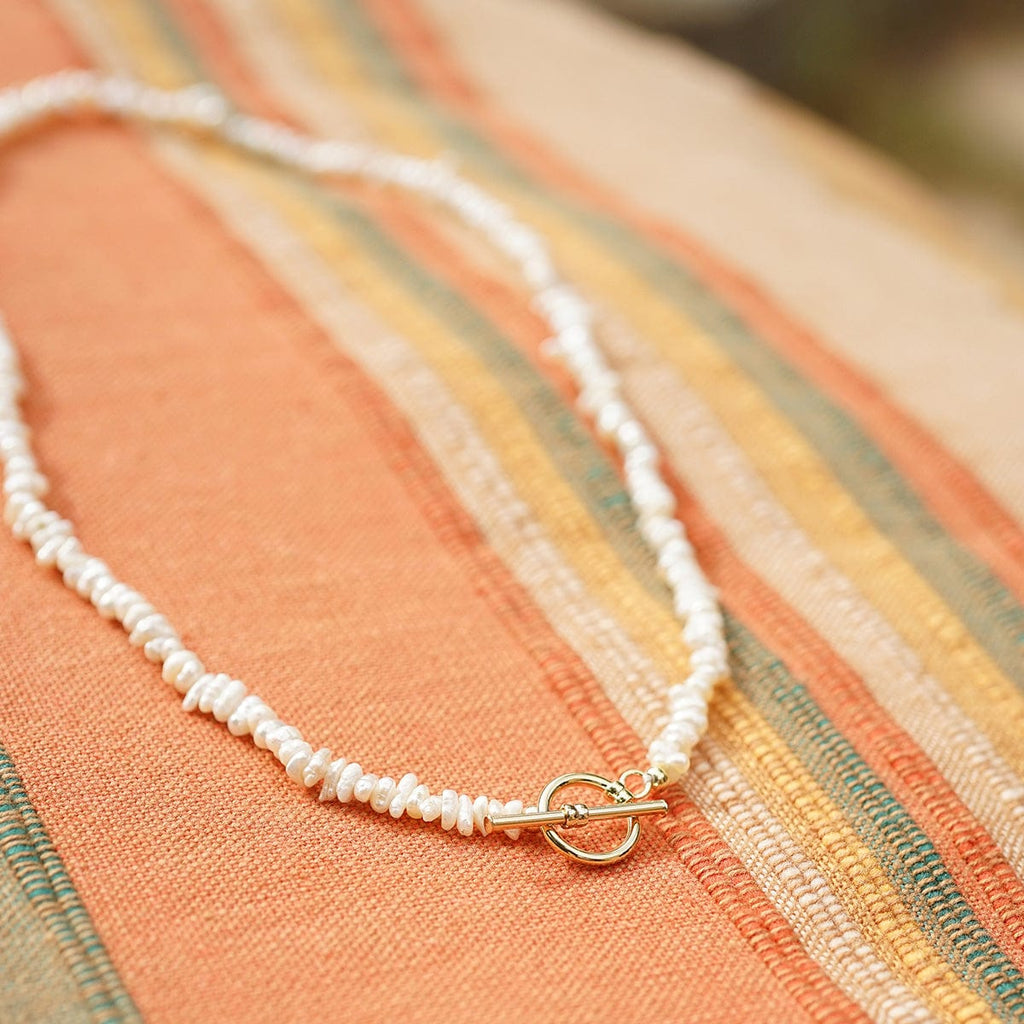 Polly Beach Pearl T-Bar Necklace - Gold