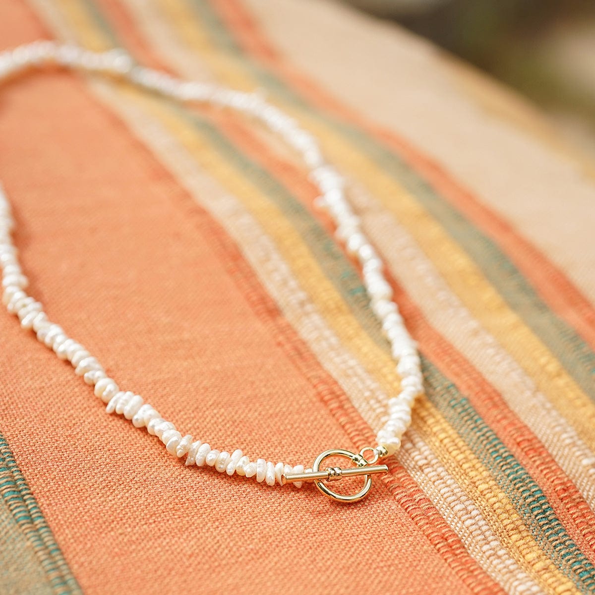 Polly Beach Pearl T-Bar Necklace - Gold